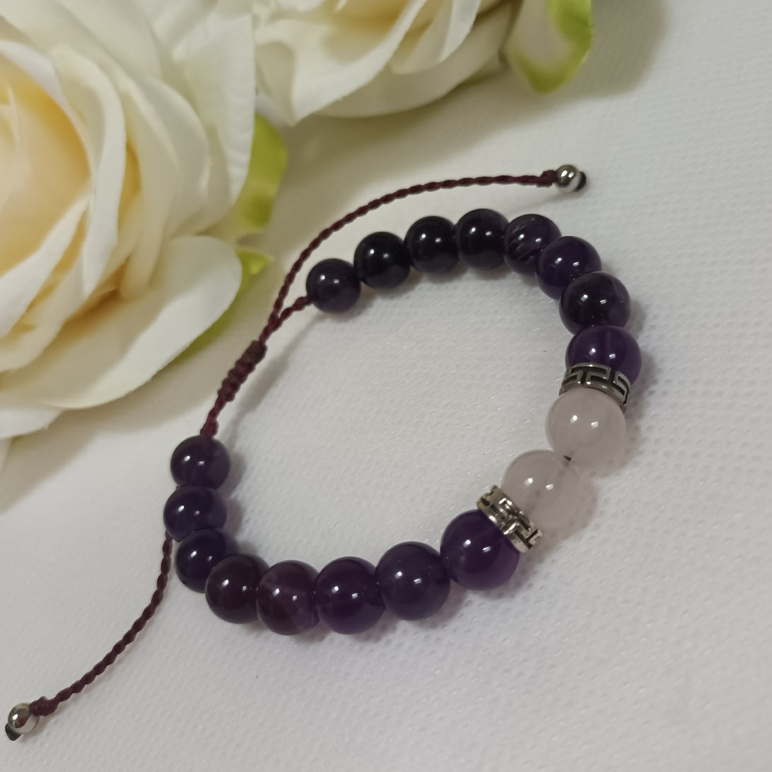 Bracelet améthyste & quartz rose 8 mm - breloques acier inox - réglable