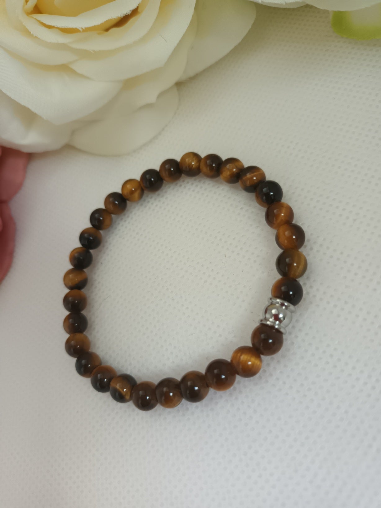 Bracelet œil de tigre 6 mm - perle acier inox - élastique
