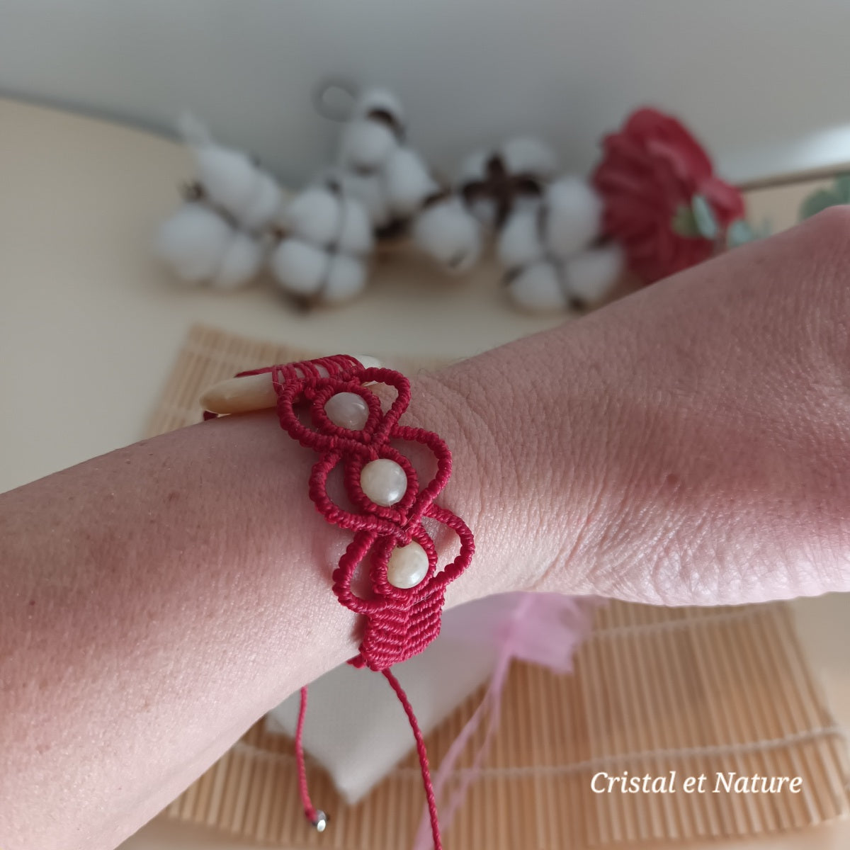 Bracelet calcite jaune - donut 3 cm - micro‑macramé - réglable