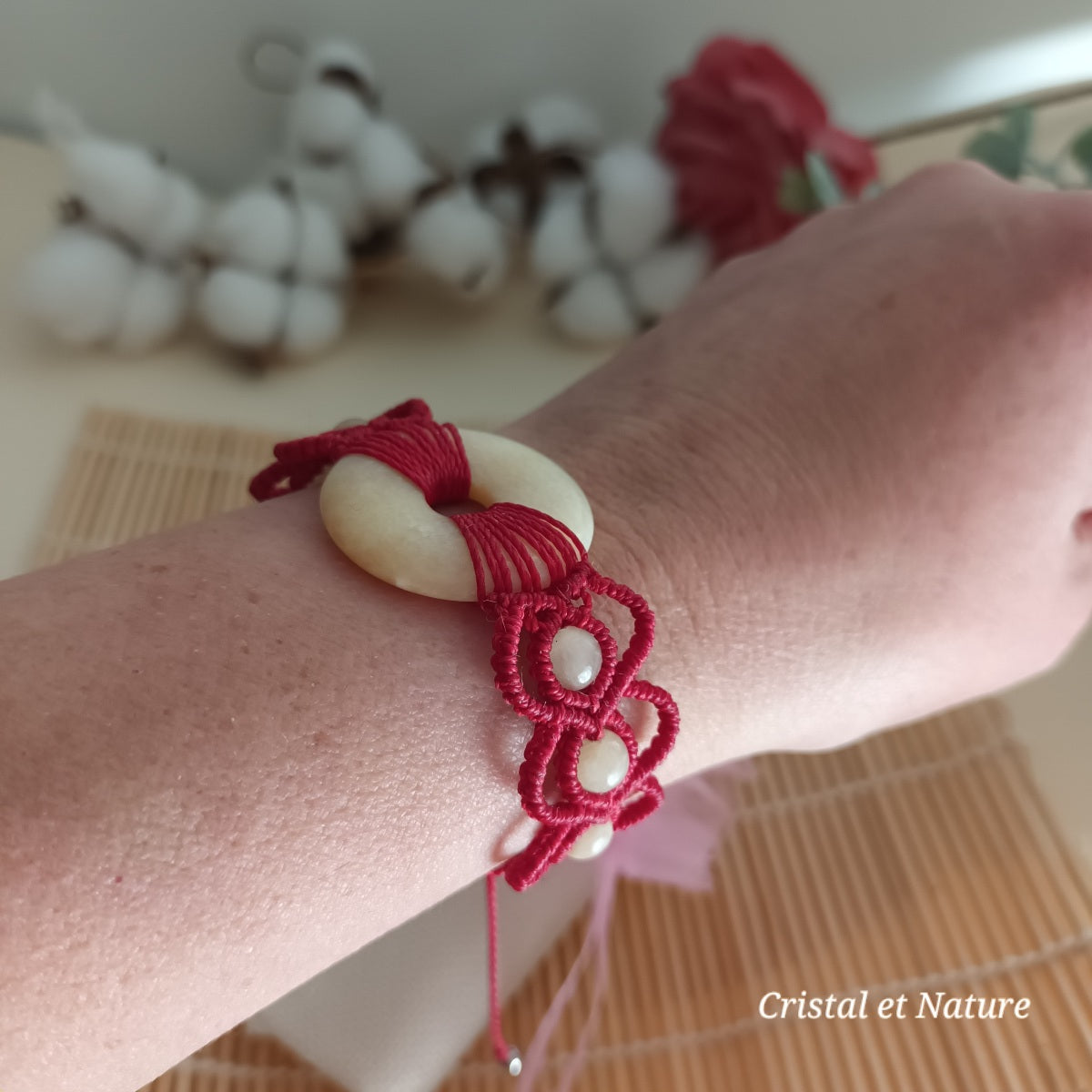 Bracelet calcite jaune - donut 3 cm - micro‑macramé - réglable