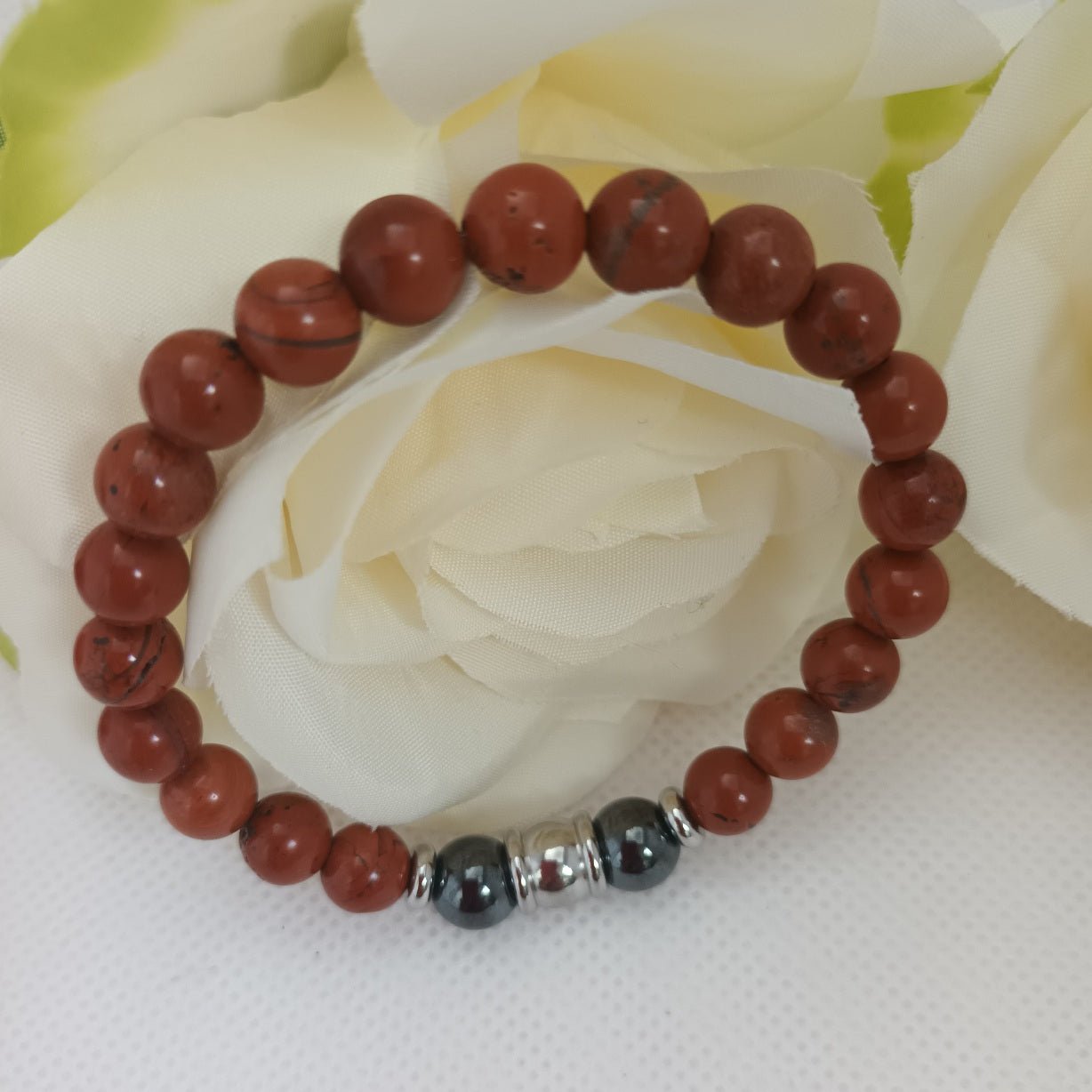 Bracelet jaspe rouge et hématite magnétique 8 mm - perles acier inox - élastique 16 cm