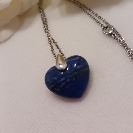 Pendentif cœur lapis‑lazuli - 2,3 × 2,4 cm - chaîne acier inox argent