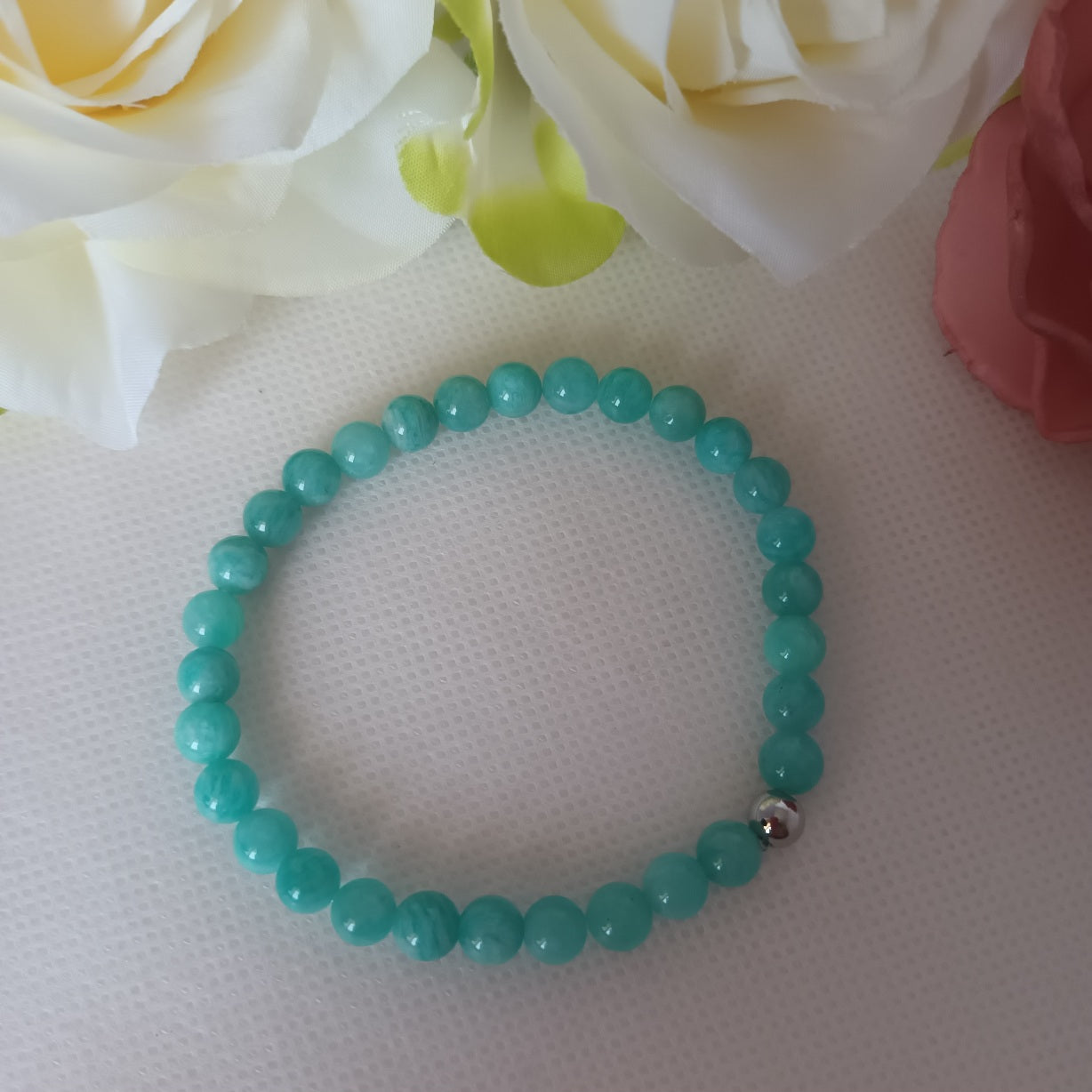 Bracelet amazonite du Pérou 6 mm - perle acier inox - élastique 17 cm