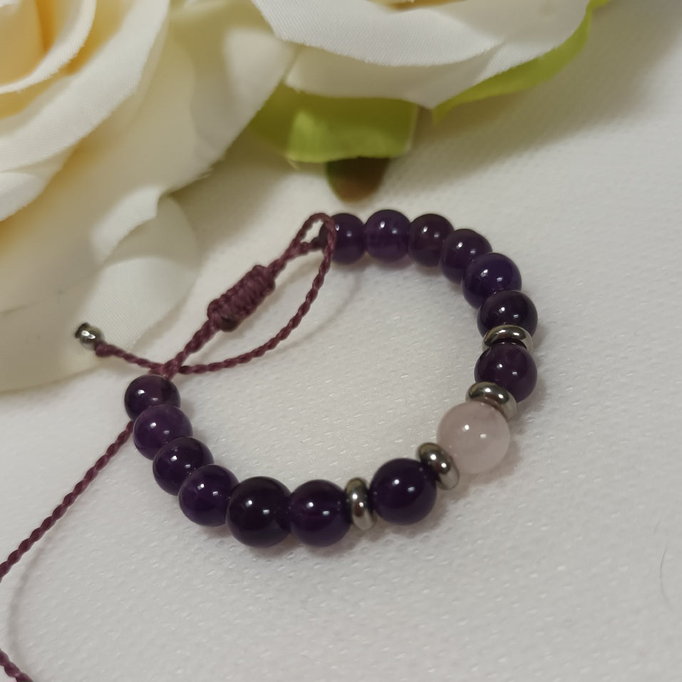 Bracelet améthyste & quartz rose 6 mm - réglable - enfant