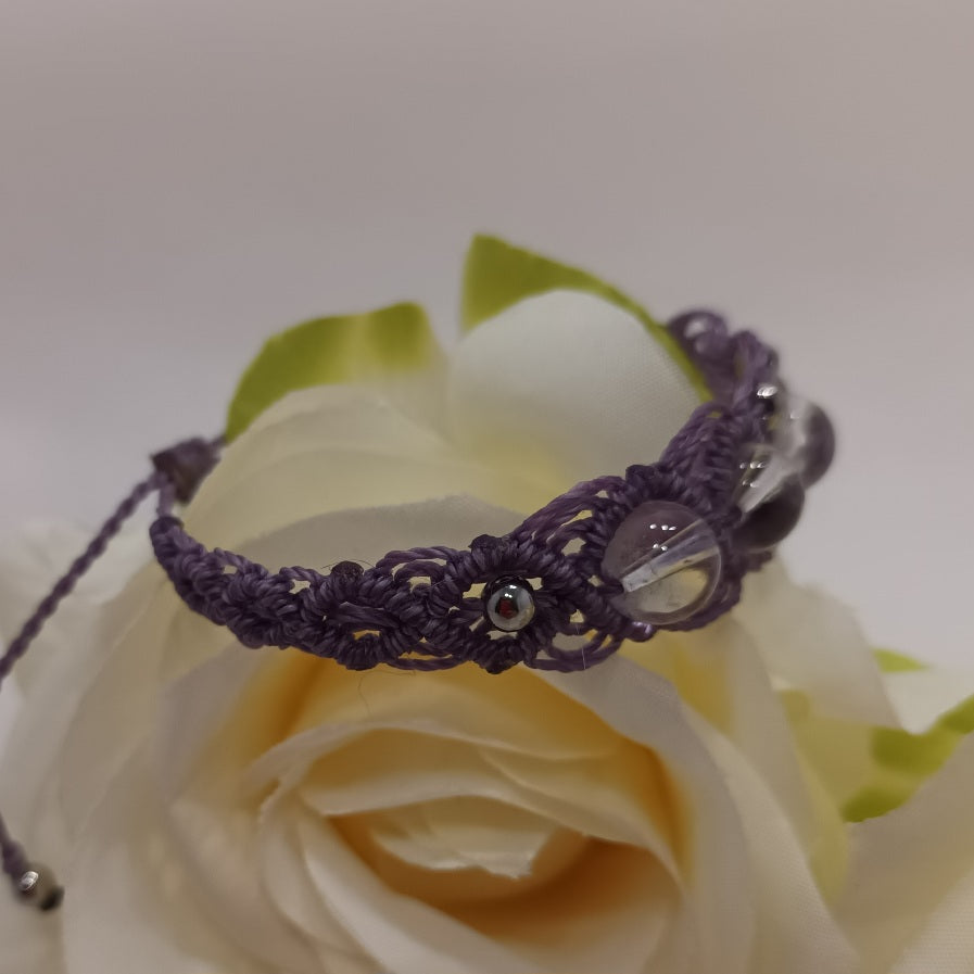 Bracelet cristal de roche 8 mm - micro‑macramé - réglable
