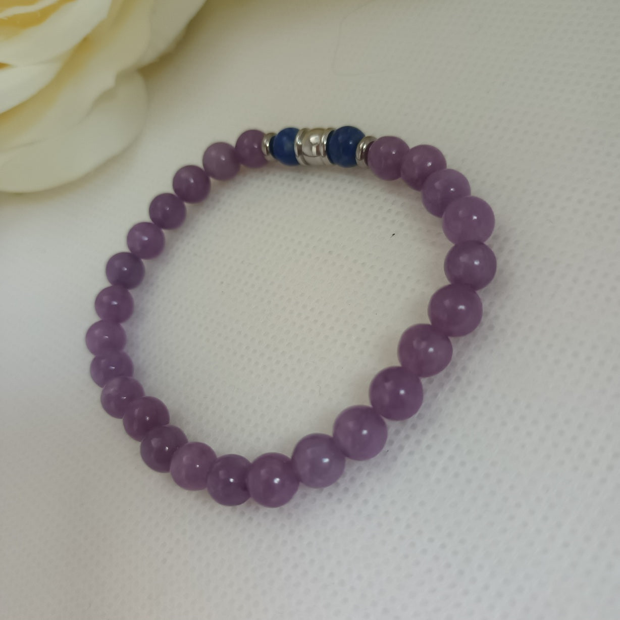 Bracelet lépidolite et lapis‑lazuli 6 mm - perles acier inox - élastique 16 cm