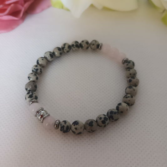 Bracelet jaspe dalmatien et quartz rose 6 mm - perles acier inox - élastique 17 cm