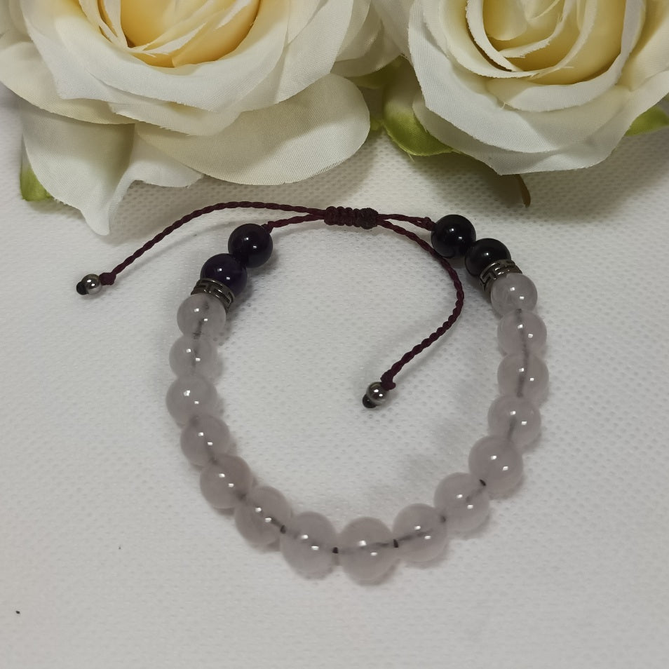 Bracelet quartz rose & améthyste 8 mm - réglable