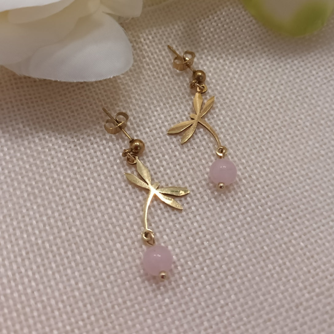 Boucles d’oreilles quartz rose - motif libellule - acier inoxydable - 4 × 1,5 cm
