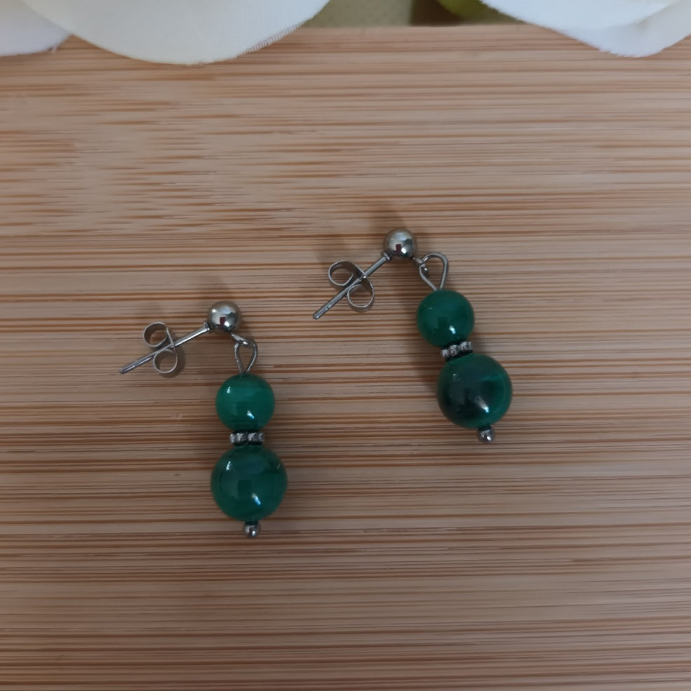Boucles d’oreilles malachite - acier inoxydable - 2,9 × 0,8 cm