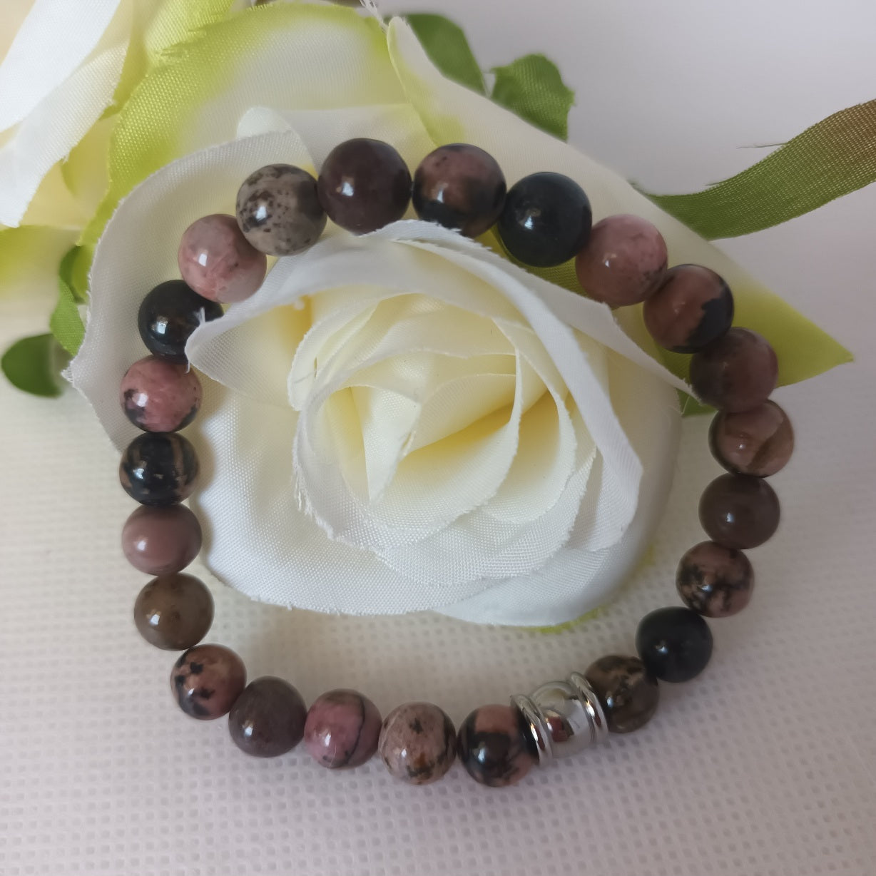 Bracelet rhodonite 8 mm - perle acier inox - élastique 17 cm
