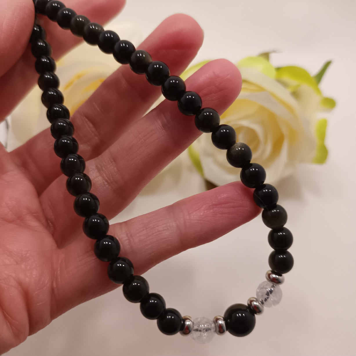 Collier obsidienne dorée & cristal de roche - perles acier inox - réglable