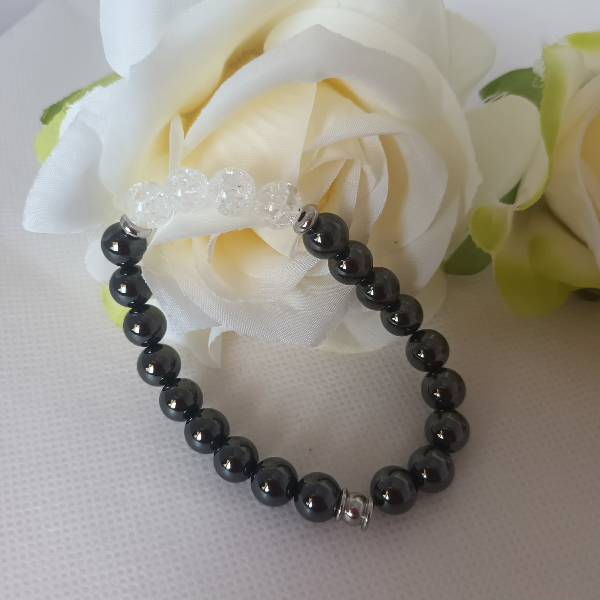 Bracelet hématite magnétique et cristal de roche 8 mm - perles acier inox - élastique 16 cm