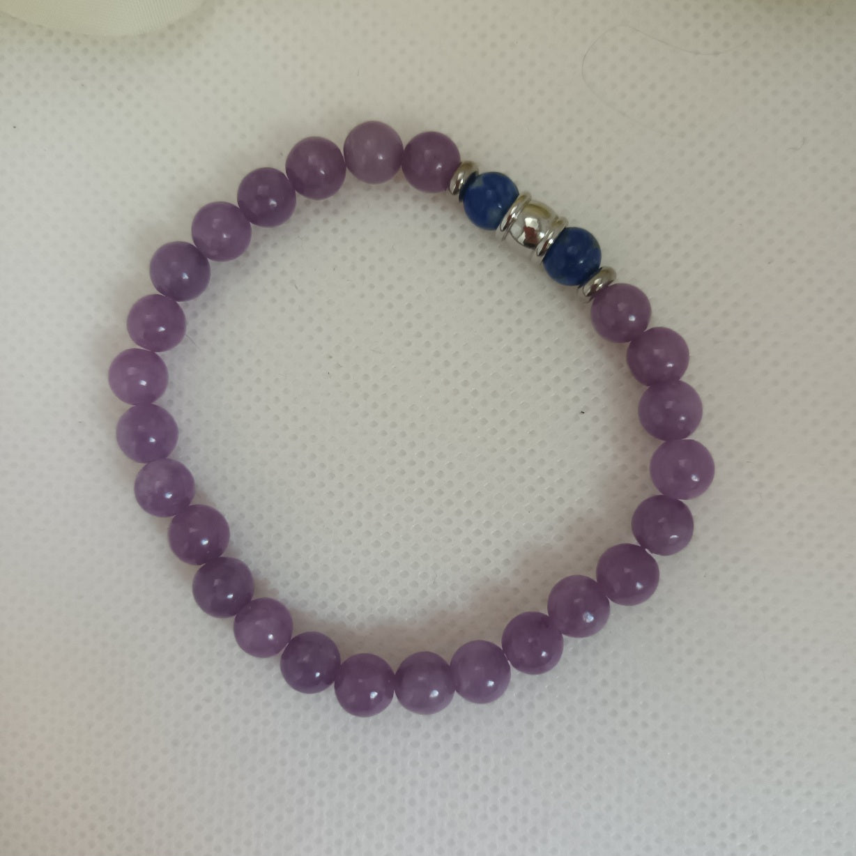 Bracelet lépidolite et lapis‑lazuli 6 mm - perles acier inox - élastique 16 cm