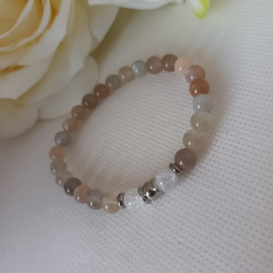 Bracelet pierre de lune multicolore et cristal de roche 6 mm - perles acier inox - élastique 15 cm