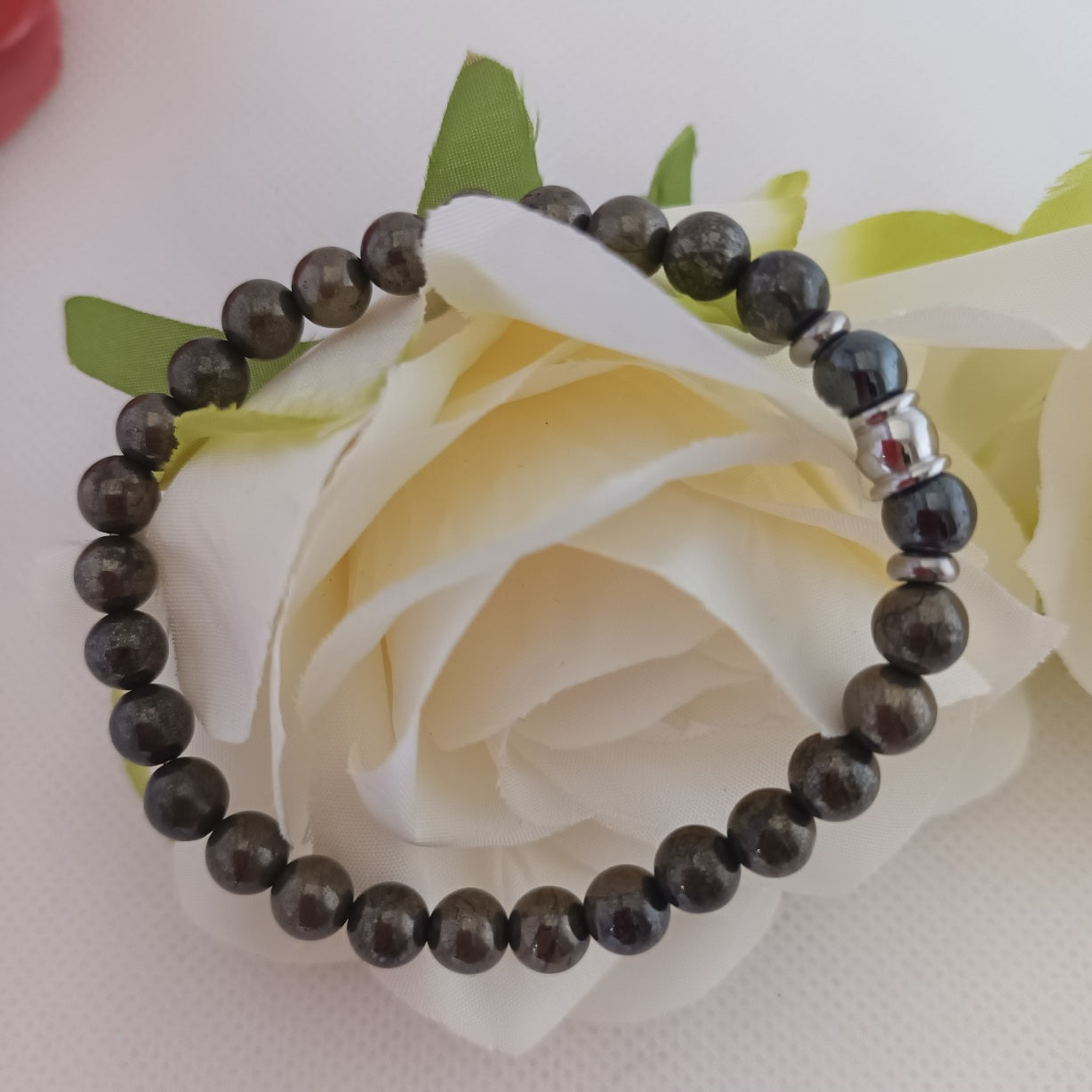 Bracelet pyrite et hématite magnétique 6 mm - perles acier inox - élastique 16 cm