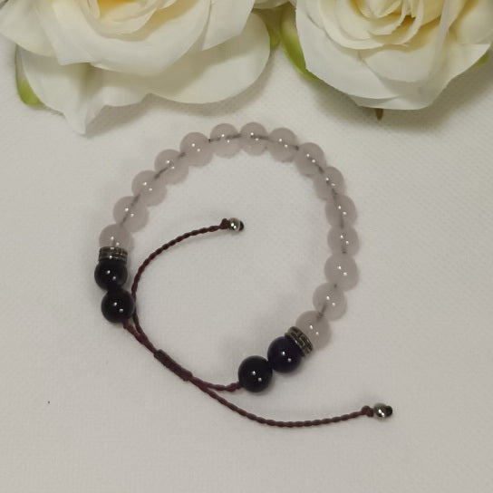 Bracelet quartz rose & améthyste 8 mm - réglable