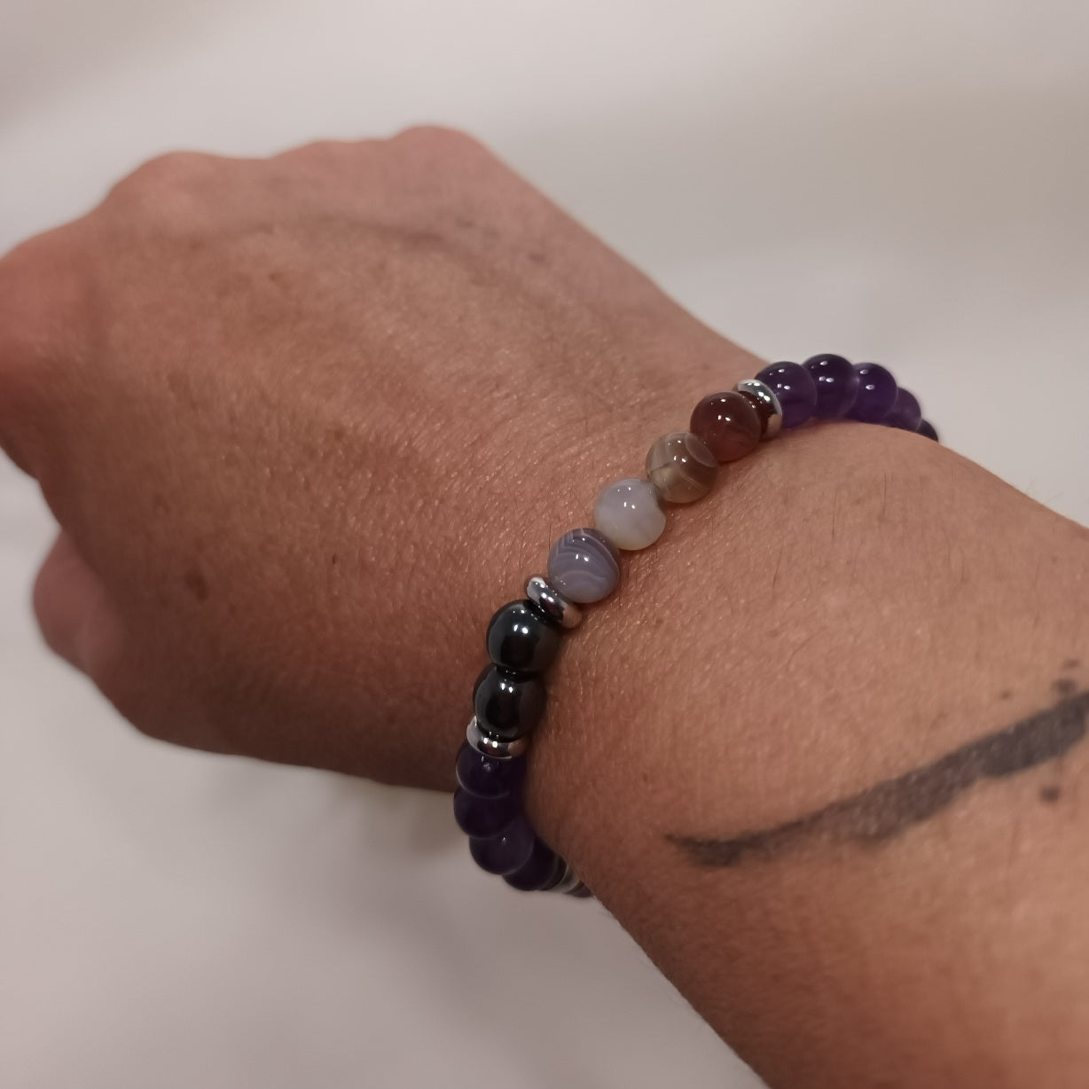 Bracelet Anti‑Addictions - améthyste, agate Botswana & hématite - perles acier inox - élastique 16 cm