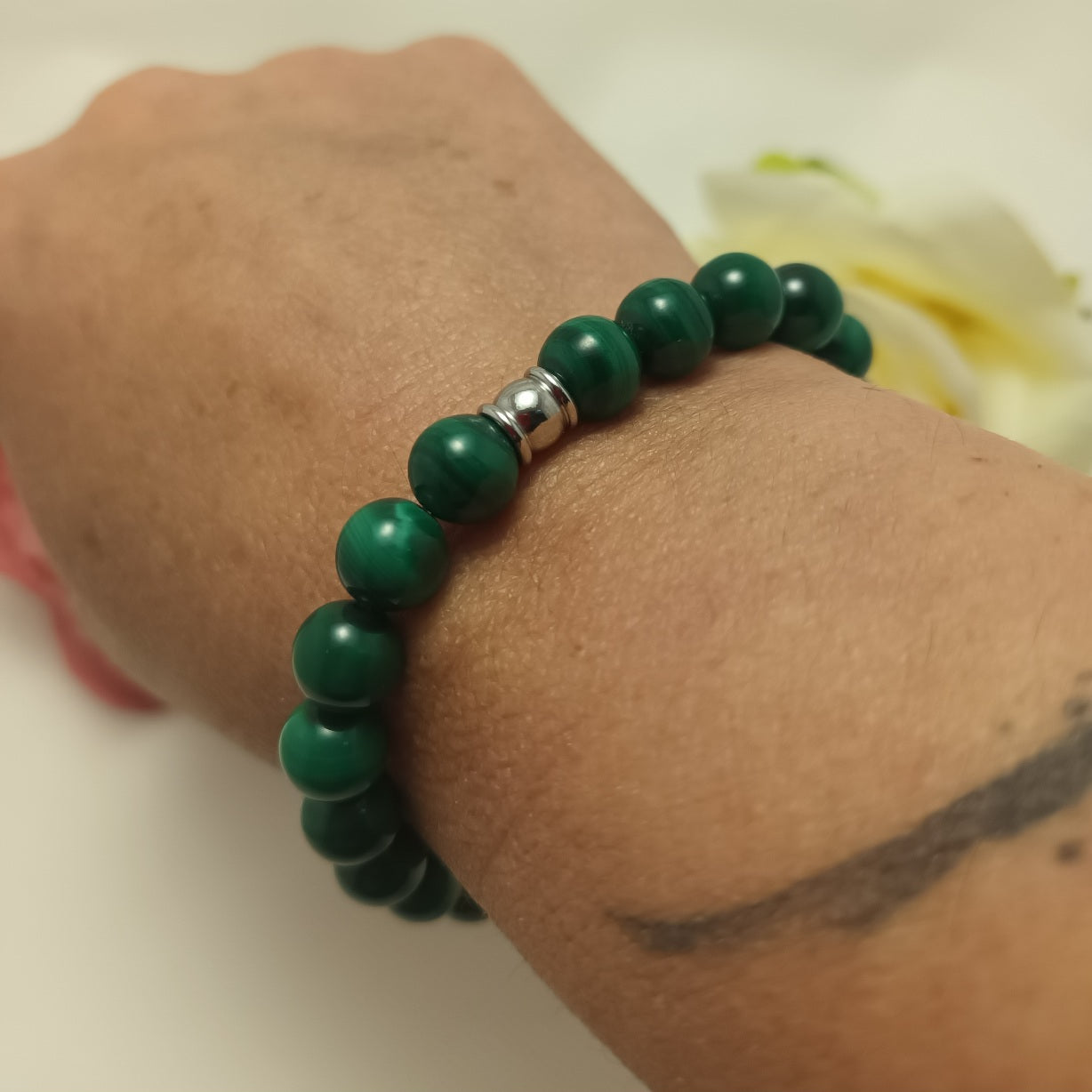 Bracelet malachite 8 mm - perle acier inox - élastique 16 cm