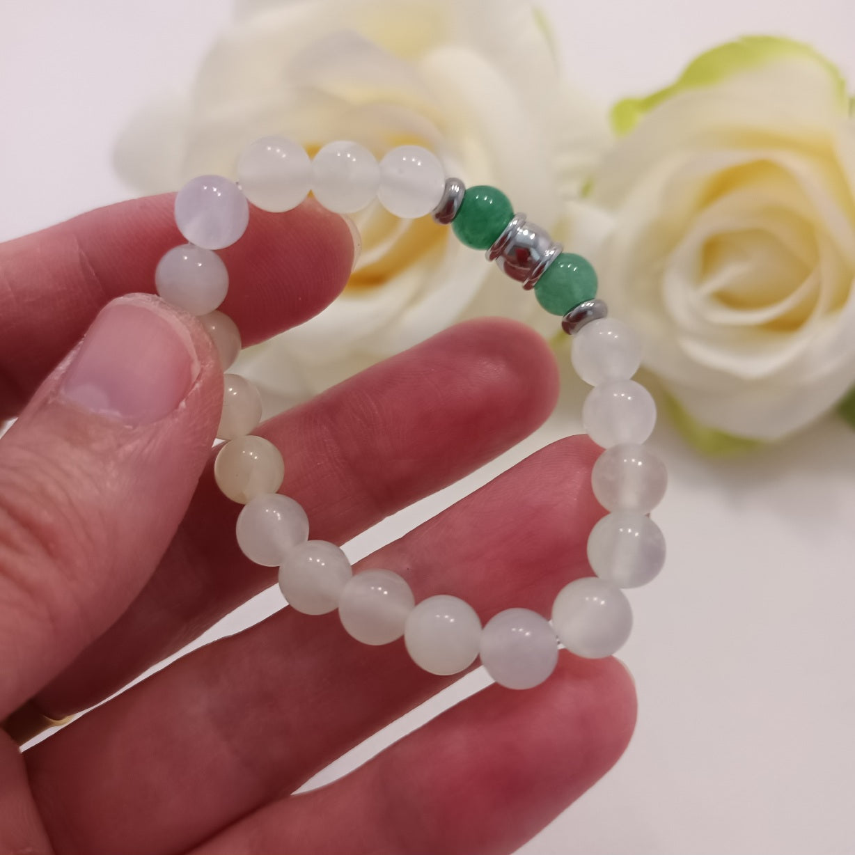 Bracelet jade de Chine & aventurine verte 6 mm - perles acier inox - élastique 12 cm - enfant