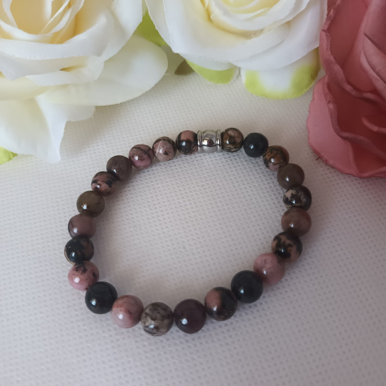 Bracelet rhodonite 8 mm - perle acier inox - élastique 17 cm