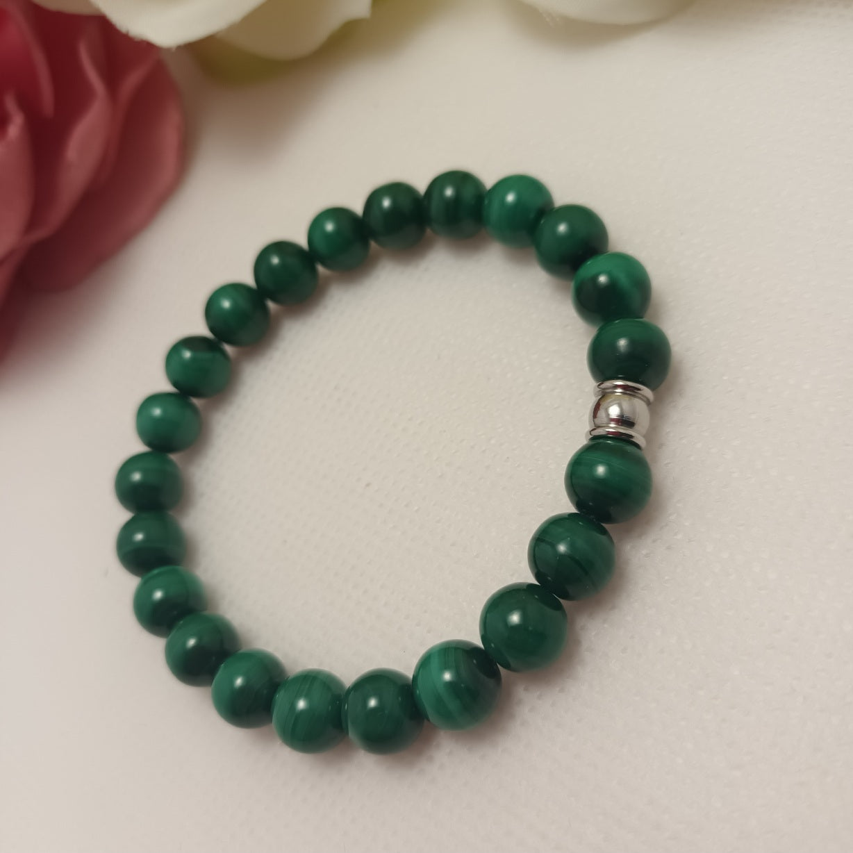 Bracelet malachite 8 mm - perle acier inox - élastique 16 cm