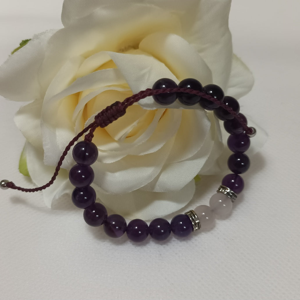 Bracelet améthyste & quartz rose 8 mm - breloques acier inox - réglable