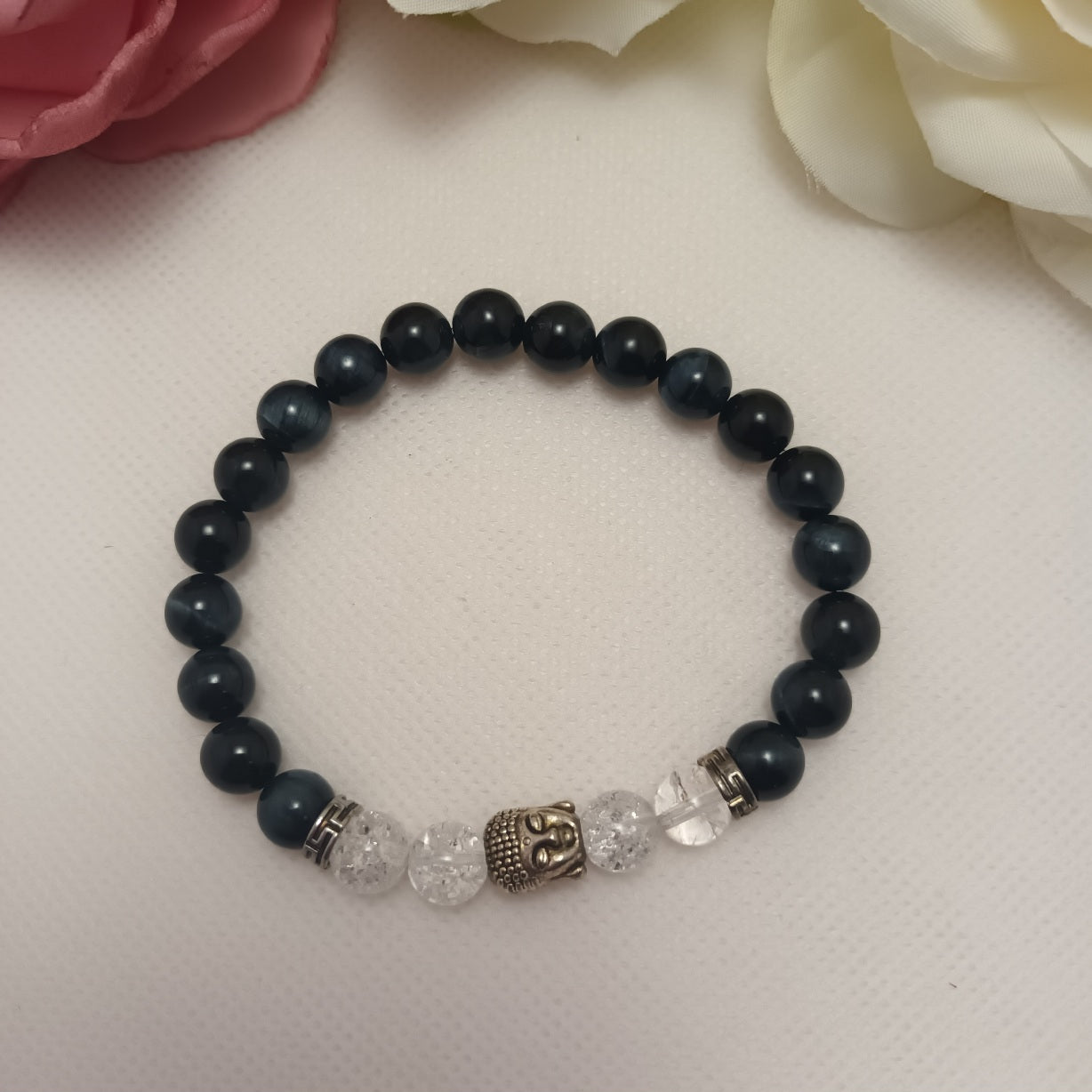 Bracelet œil de faucon et cristal de roche 8 mm - breloques acier inox - élastique 17,5 cm