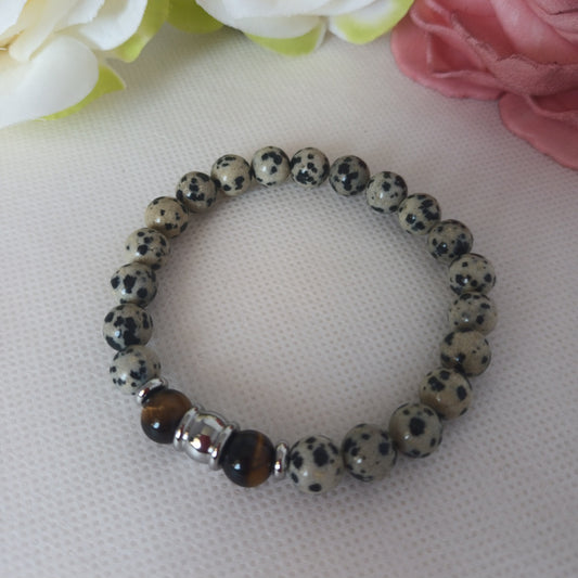 Bracelet jaspe dalmatien et œil de tigre 8 mm - breloques acier inox - élastique 17 cm
