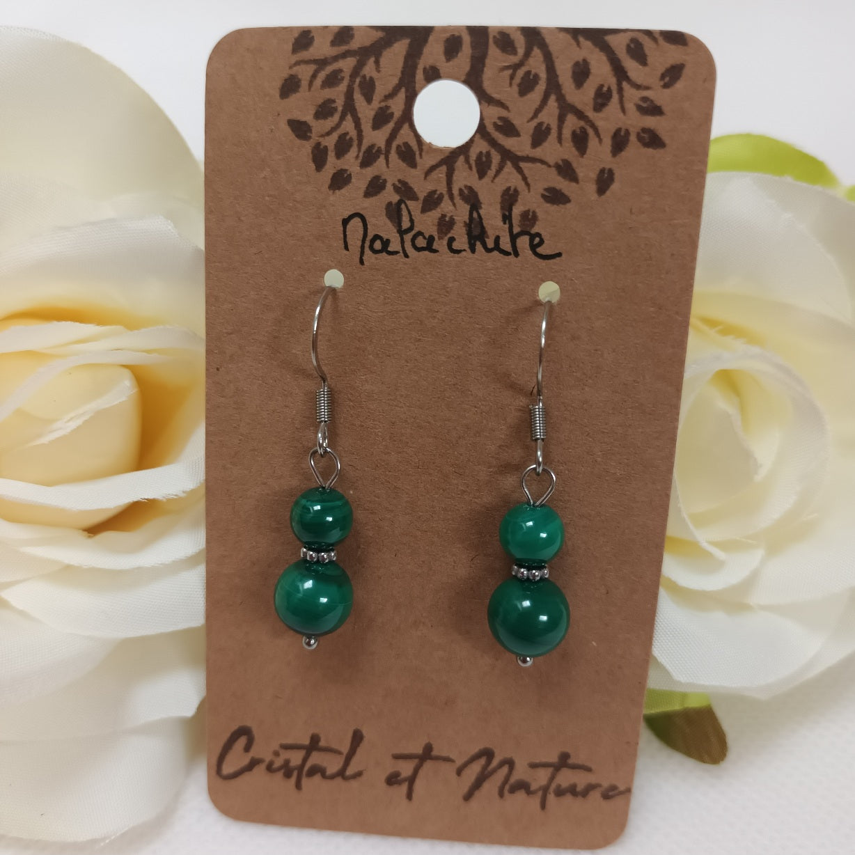 Boucles d’oreilles malachite - acier inoxydable - 4 × 0,8 cm